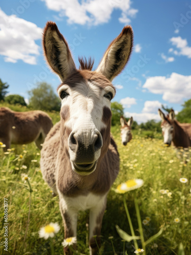 Happy cute donkey on a summer day