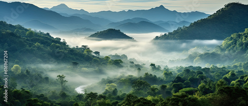 Foggy landscape in the jungle. Fog and clouds mountain tropical valley landscape, Generative AI