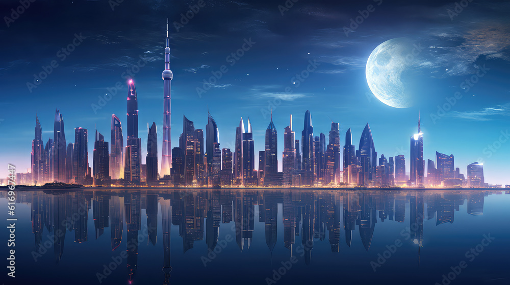 Futuristic city skyline with moonrise