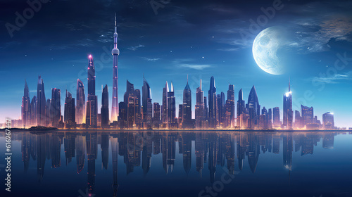 Futuristic city skyline with moonrise