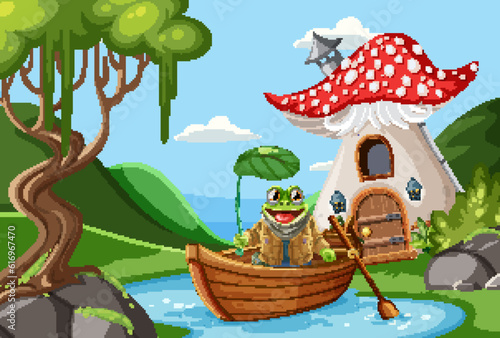 Green Frog Cartoon Character in Fantasy Forest