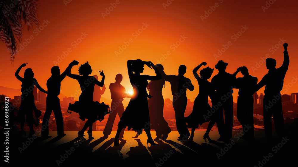 Latin party dancing salsa bachata cartoon style AI image - obrazy, fototapety, plakaty 