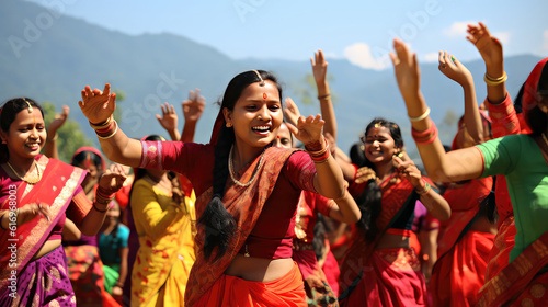 Indian women dancing celebrating Teej festival photo