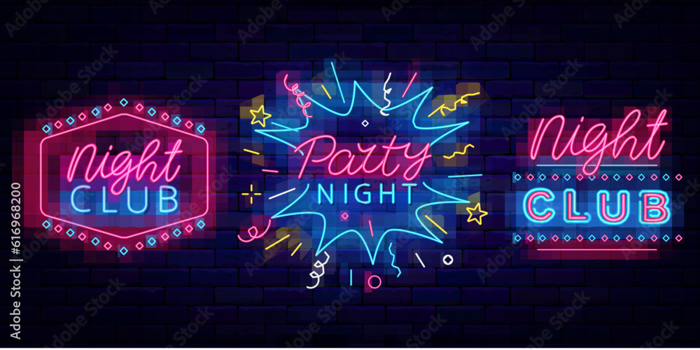 Party night neon labels collection. Night club event. Performance flyer. Vector stock illustration Party night neon labels collection. Night club event. Performance flyer. Vector stock illustration