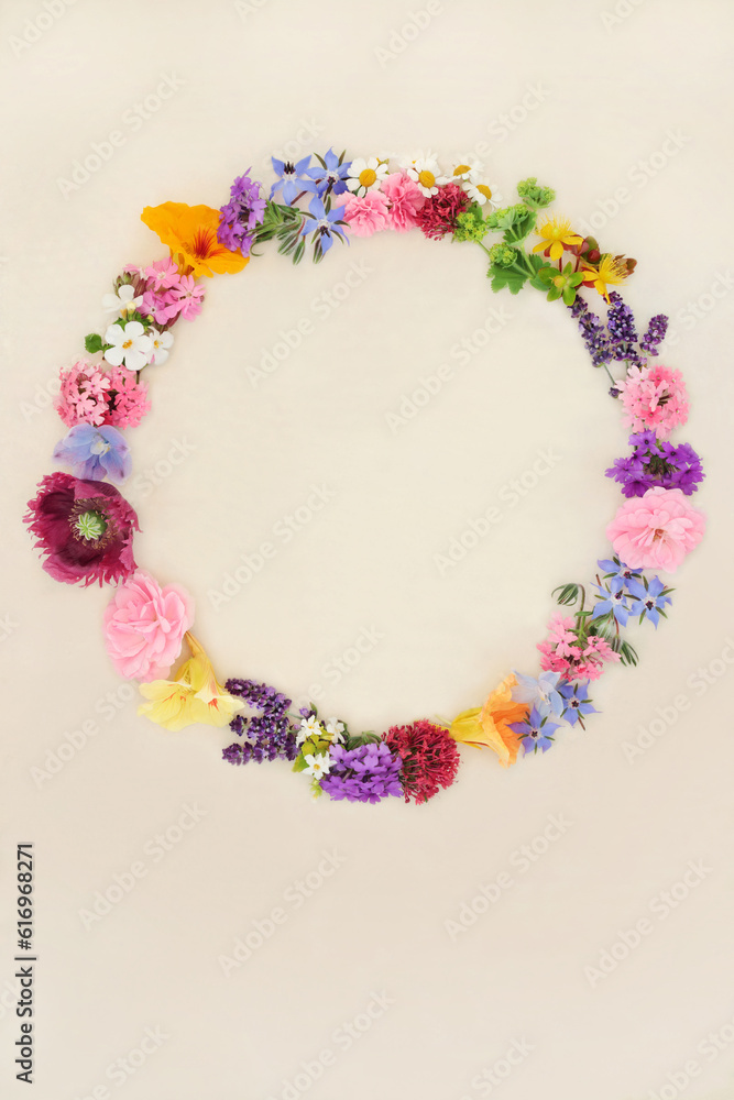 Flower, herb and wildflower wreath. Flora used in homeopathic herbal medicine. Flower essences for alternative remedies and aromatherapy essential oil on hemp paper.