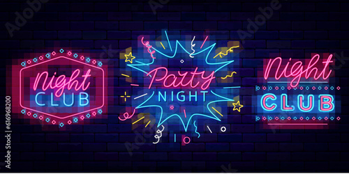 Party night neon labels collection. Night club event. Performance flyer. Vector stock illustration