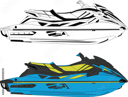 Vector, line art and color image of jet motor boat on a white background