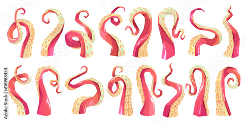 Cartoon octopus tentacles. Cartoon monster legs, comic squid pink limbs with suckers in different positions, ocean cephalopods, ocean predatory mollusk, isolated elements, tidy vector set