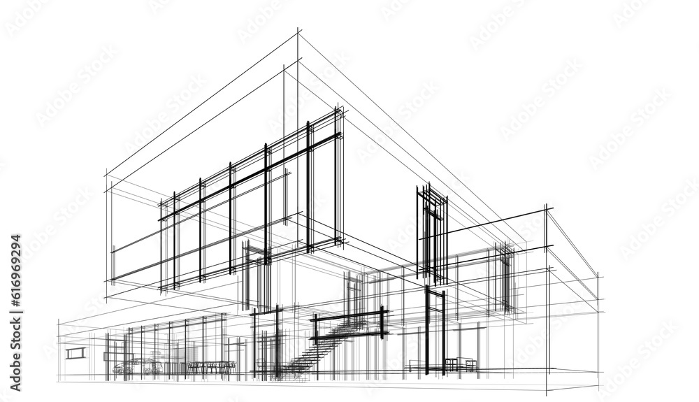 Modern house building architectural drawing 3d rendering