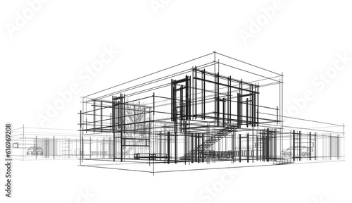Modern house building architectural drawing 3d rendering