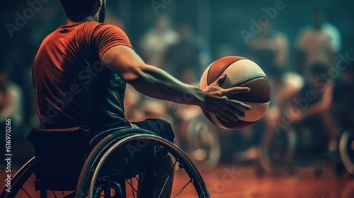 Red-shirt wheelchair basketball player dribbles professionally. Designation. The motivation of disabled people who excel in team sports. Unknown, Back View Shot. photo
