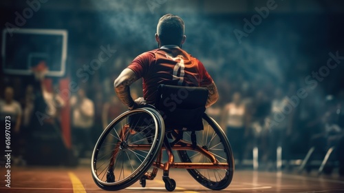 Red-shirt wheelchair basketball player dribbles professionally. Designation. The motivation of disabled people who excel in team sports. Unknown, Back View Shot.