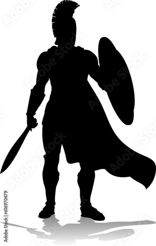 A Spartan or Trojan ancient Greek hoplite warrior silhouette. Could also be a Roman gladiator.