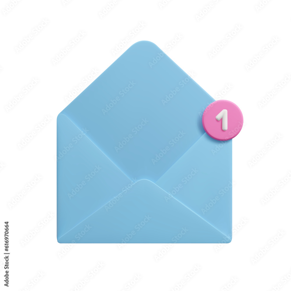 3D mail letter envelope with one new message notification. Cute cartoon style 3D blue open email envelope with 1 notification symbol sign vector illustration isolated on white background. 3D mail letter envelope with one new message notification. Cute cartoon style 3D blue open email envelope with 1 notification symbol sign vector illustration isolated on white background.