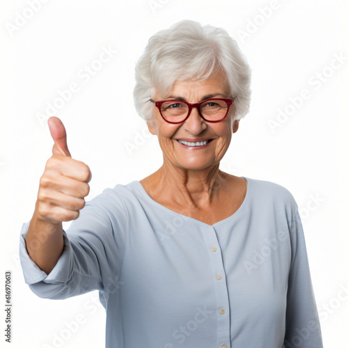 Old Woman with thumb up on a white background Generative AI