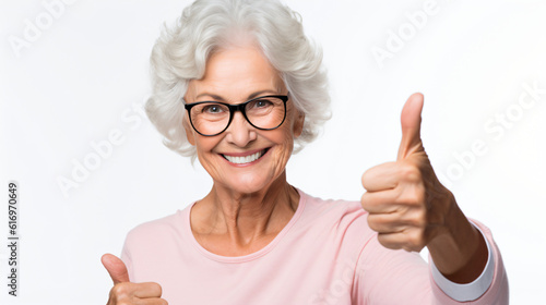 Old Woman with thumb up on a white background Generative AI