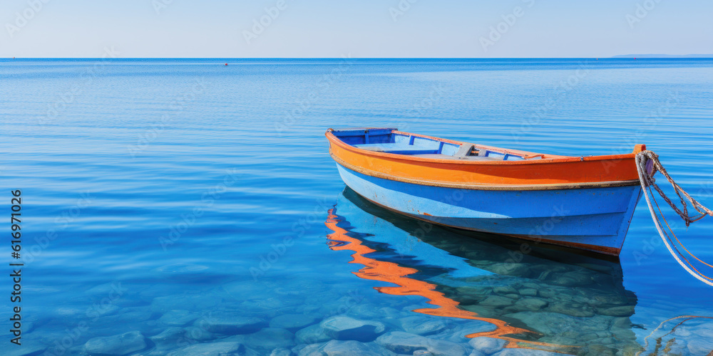 Naklejka premium small colorful wooden fishing boat with water reflections