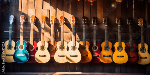colorful acoustic guitars on shop shelf