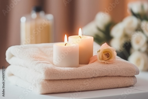 Interior design of candles with towels ready for spy relax day. Generative AI
