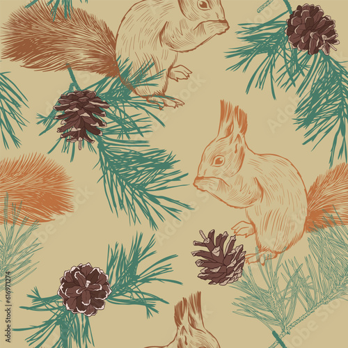 .Squirrels and pine branches with cones. Seamless pattern of wild life.  Vector hand  drawn design..