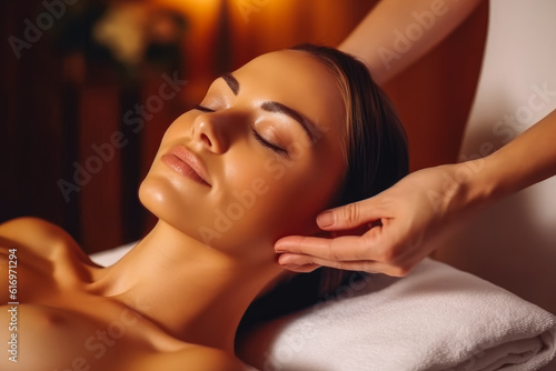 Young beautiful woman having a relaxing face massage in spa, relaxation. Generative AI