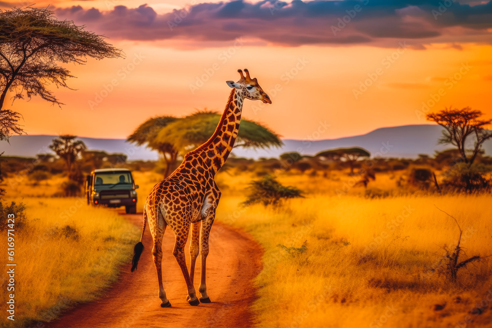 Obraz premium Giraffe standing by the car on safari tour with beautiful sunset in the background, savanna nature. Generative AI