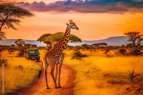 Giraffe standing by the car on safari tour with beautiful sunset in the background, savanna nature. Generative AI © VisualProduction