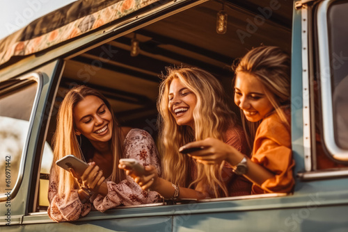 Beautiful attractive women smiling and having fun on a road trip in their van. Generative AI © VisualProduction