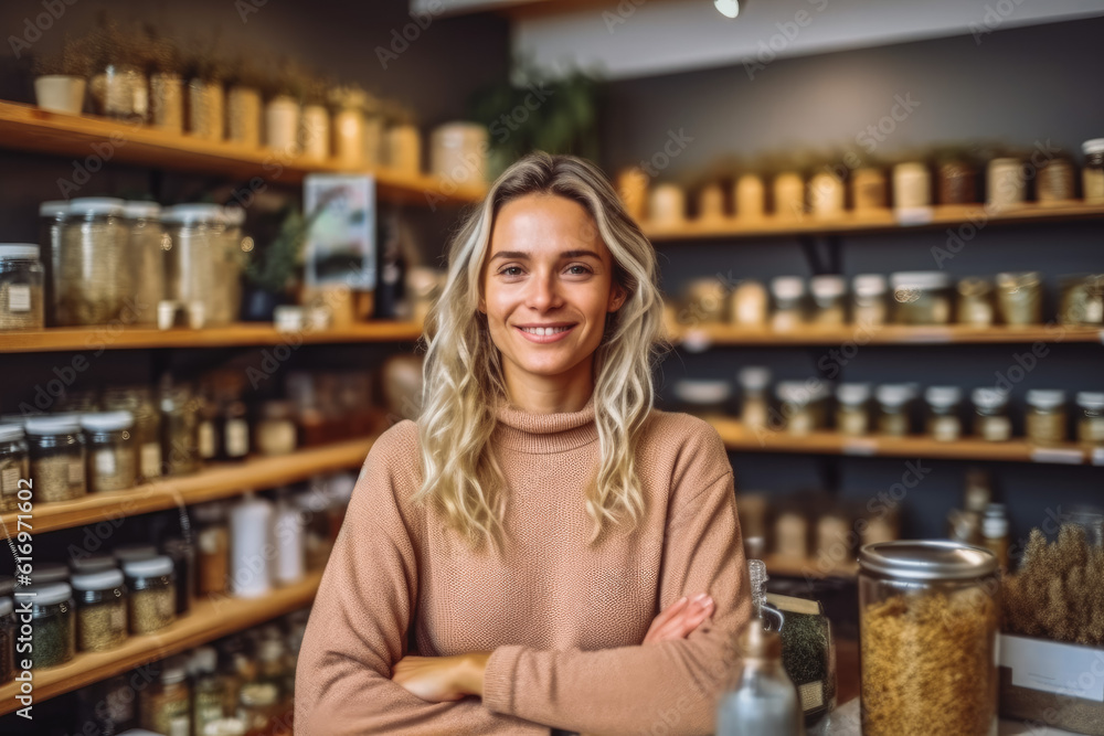 Beautiful young owner of zero waste shop smiling and looking at the camera, promotion of zero waste lifestyle. Generative AI Beautiful young owner of zero waste shop smiling and looking at the camera, promotion of zero waste lifestyle. Generative AI