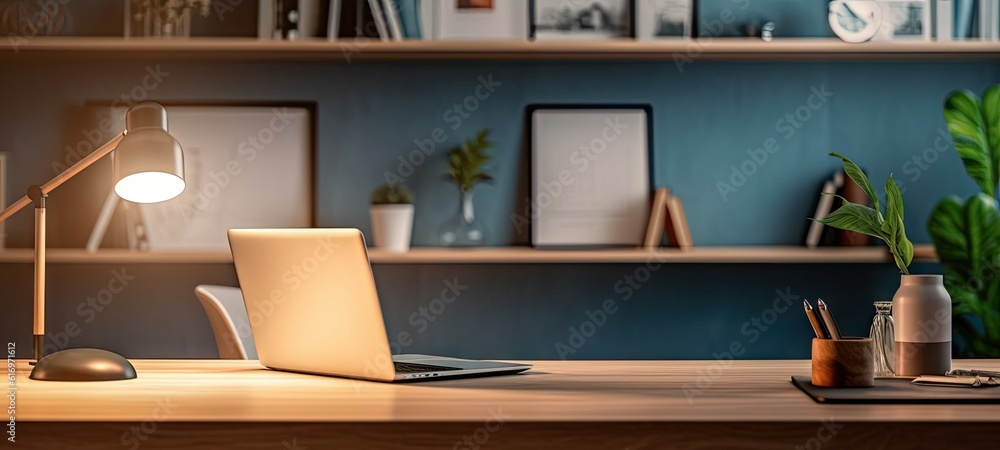 Professional workspace with laptop, desk, and shelves in home office interior design blur background Professional workspace with laptop, desk, and shelves in home office interior design blur background
