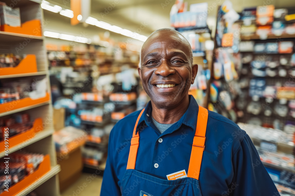 African american smiling older hardware store worker posing in the shop. Generative AI African american smiling older hardware store worker posing in the shop. Generative AI