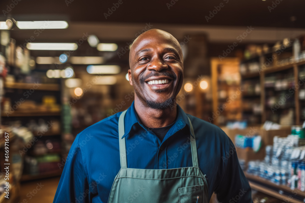 African american smiling older hardware store worker posing in the shop. Generative AI African american smiling older hardware store worker posing in the shop. Generative AI