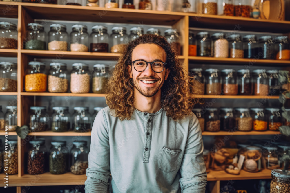 Handsome young owner of zero waste shop smiling and looking at the camera, promotion of zero waste lifestyle. Generative AI