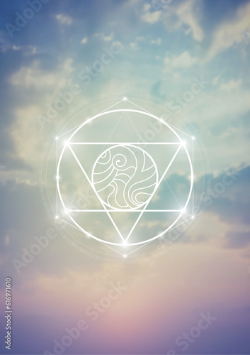 Sacred geometry spiritual new age futuristic illustration with interlocking circles, triangles and glowing particles. Formula of nature.