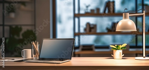 Professional workspace with laptop, desk, and shelves in home office interior design blur background