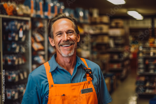 Caucasian smiling older hardware store worker posing in the shop. Generative AI photo