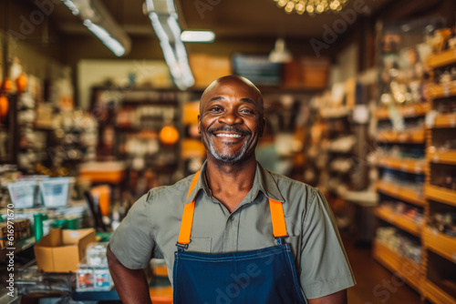 African american smiling older hardware store worker posing in the shop. Generative AI