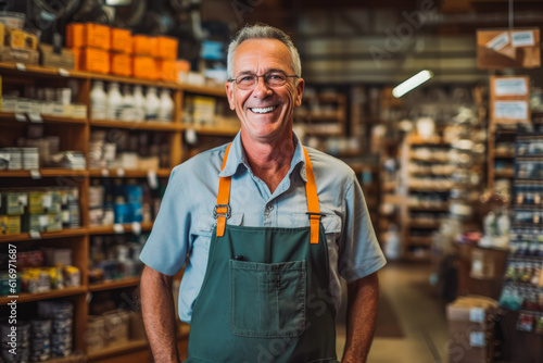 Caucasian smiling older hardware store worker posing in the shop. Generative AI