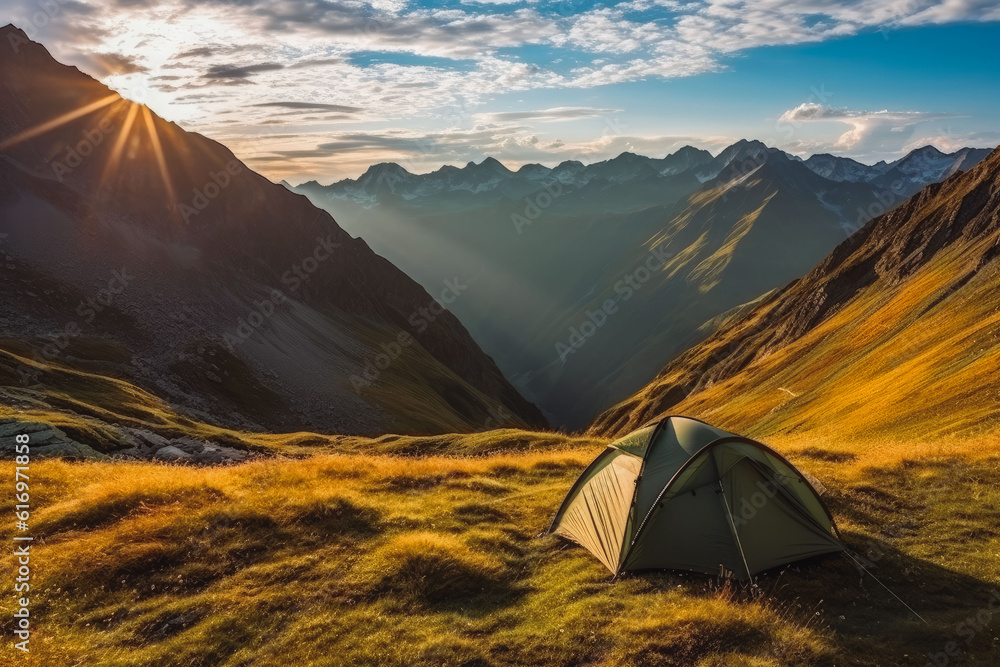 Tent in the mountains with a beautiful sunrise in the background. Generative AI