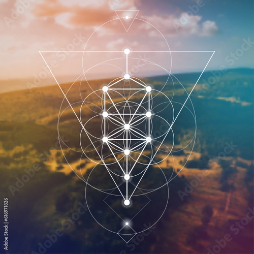 Flower of life. Tree of life. Sacred geometry spiritual new age futuristic illustration with transmutation interlocking circles, triangles and glowing particles