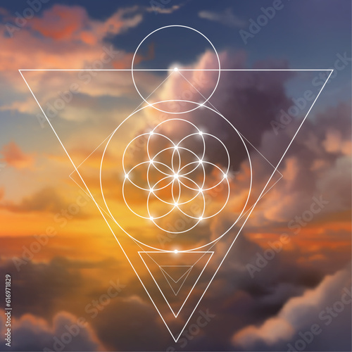 Flower of life. Tree of life. Sacred geometry spiritual new age futuristic illustration with transmutation interlocking circles, triangles and glowing particles