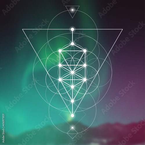 Flower of life. Tree of life. Sacred geometry spiritual new age futuristic illustration with transmutation interlocking circles, triangles and glowing particles