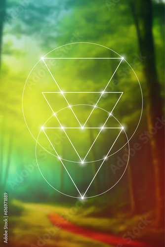 Sacred geometry spiritual new age futuristic illustration with transmutation interlocking circles, triangles and glowing particles