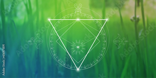 Sacred geometry zentangle inspired design template with oriental tribal ornaments. Geometric ornamental new age art.  Meditation symbol in front of natural background.