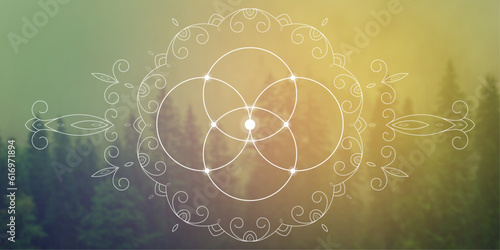 Sacred geometry zentangle inspired design template with oriental tribal ornaments. Flower of life ornamental new age art.  Meditation symbol in front of natural background.