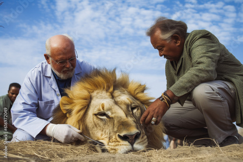 Veterinarian examining a lion and his health condition, wild animal check up, sick animal. Generative AI