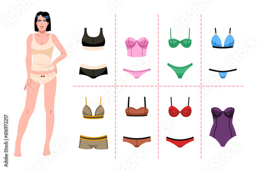 Girl and underwear. Cartoon flat style isolated beautiful woman in panties and top, slim figure, fashionable paper doll, swimwear and bikini kit, cute underpants and bra, tidy vector set