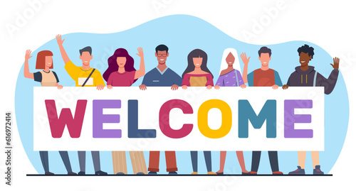 Group of diverse young men wave their hands in welcoming gesture. Happy persons hold greeting banner. Students team together. Invite poster. Cartoon flat style isolated vector concept