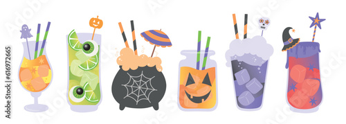 Fun collection of Halloween drinks, beverages, cocktails for party invitation, restaurant, bar, poster