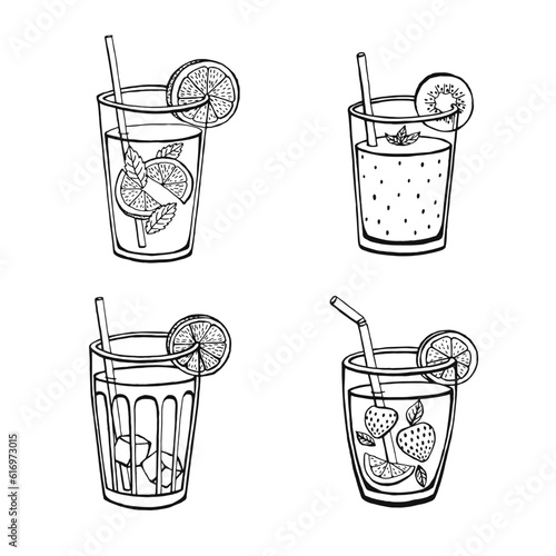 Set non-alcoholic summer drinks isolated on white background. Menu vector images in sketch style.